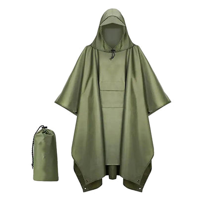 3-in-1 Unisex Hooded Rain Poncho Raincoat Jacket for Hiking Camping Army Green