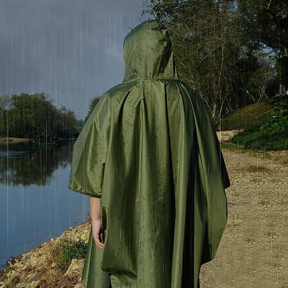 3-in-1 Unisex Hooded Rain Poncho Raincoat Jacket for Hiking Camping Army Green