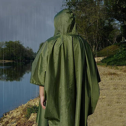 3-in-1 Unisex Hooded Rain Poncho Raincoat Jacket for Hiking Camping Army Green