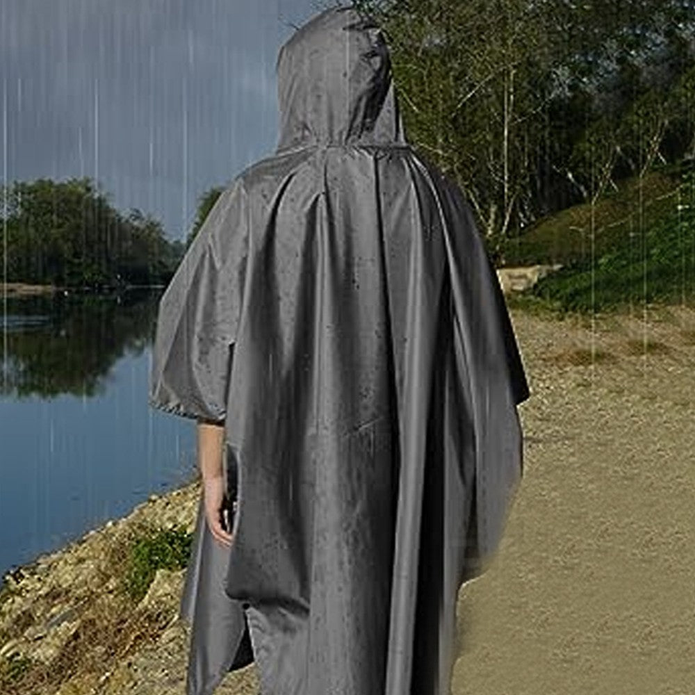 3-in-1 Unisex Hooded Rain Poncho Raincoat Jacket for Hiking Camping Gray