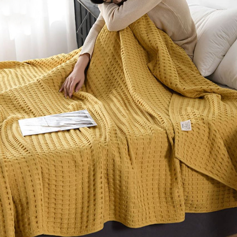 100% Cotton Blanket Cozy Waffle Weave Blanket Soft Quilt Yellow