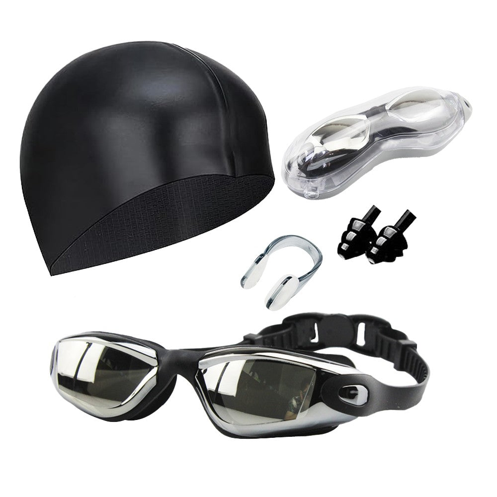 No Leaking Anti Fog Swimming Goggles Swimming Cap Set for Adult Youth Black