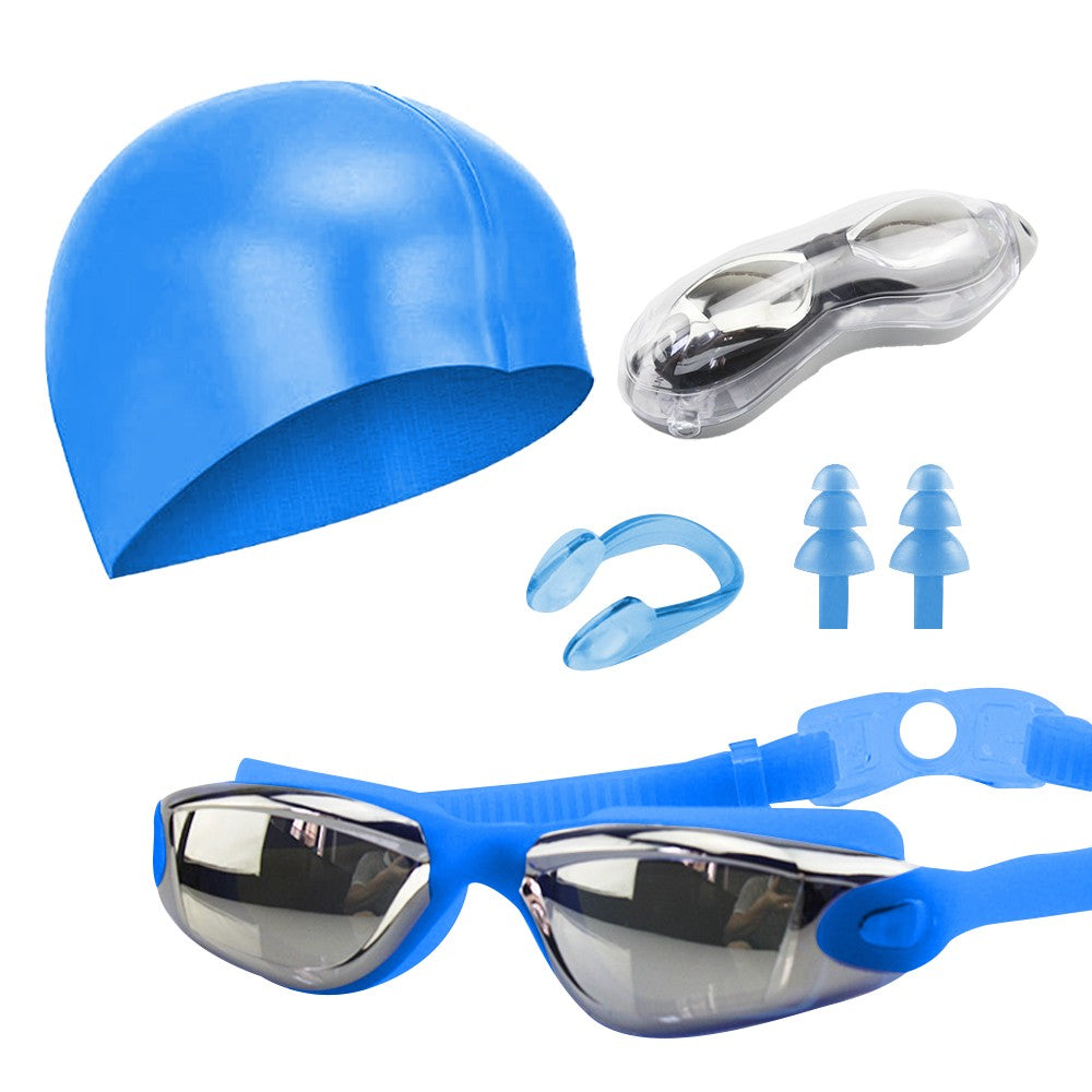 No Leaking Anti Fog Swimming Goggles Swimming Cap Set for Adult Youth Blue