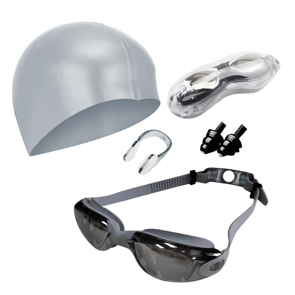 No Leaking Anti Fog Swimming Goggles Swimming Cap Set for Adult Youth Gray