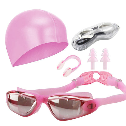 No Leaking Anti Fog Swimming Goggles Swimming Cap Set for Adult Youth Pink