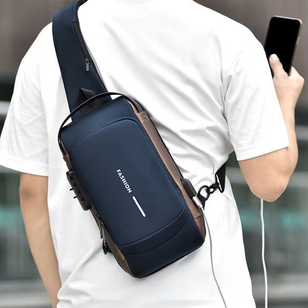 Anti theft Crossbody Sling Bag with USB Port Water-Resistant Sport Chest Bag Shoulder Bag Blue