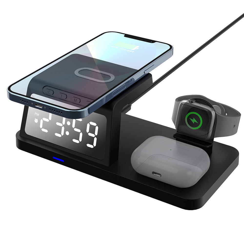 5-in-1 Wireless Magnetic Fast Charging Station Charging Dock with Digital Clock for QI Wireless Cahrging Device Black