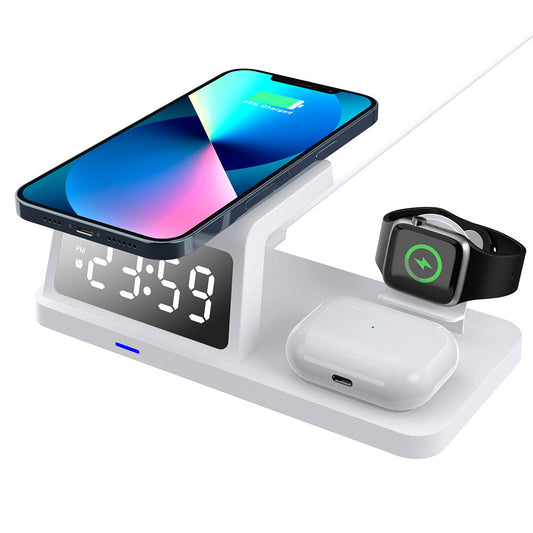 5-in-1 Wireless Magnetic Fast Charging Station Charging Dock with Digital Clock for QI Wireless Cahrging Device White