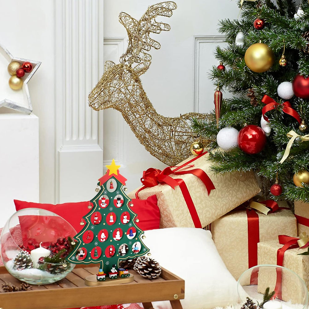 24 Days Advent Calendar Set Wooden Tabletop Christmas Tree with Christmas Tree Decorative Ornaments