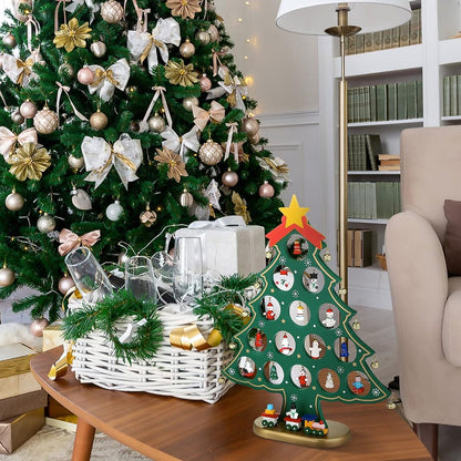 24 Days Advent Calendar Set Wooden Tabletop Christmas Tree with Christmas Tree Decorative Ornaments