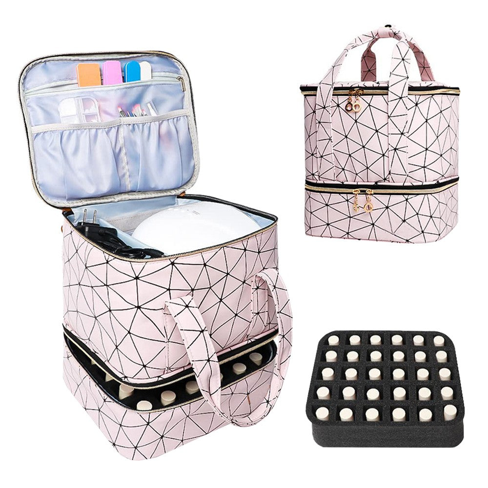 Double-layer Nail Polish Carrying Case Bag Storage Box Holds Pink