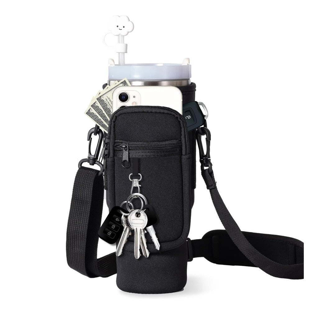 Water Bottle Carrier Bag for 40OZ Tumbler Water Bottle Holder Pouch with Phone Pocket Black