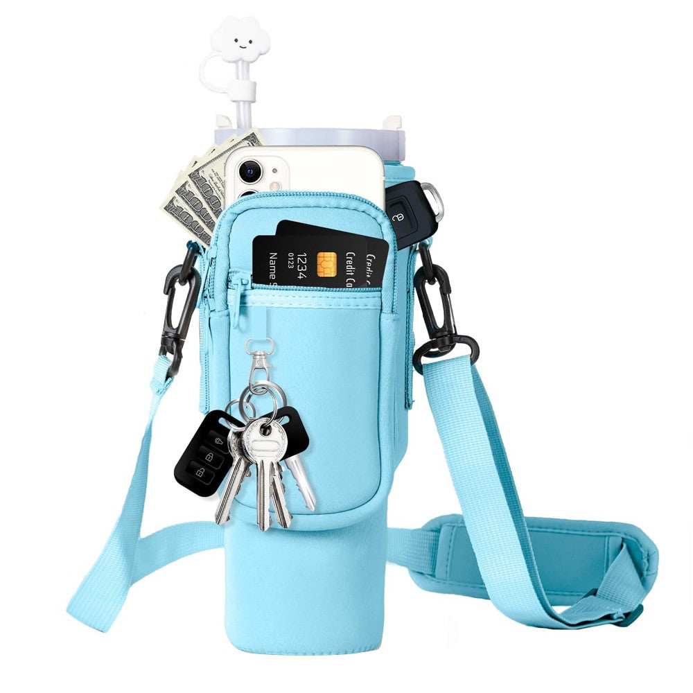 Water Bottle Carrier Bag for 40OZ Tumbler Water Bottle Holder Pouch with Phone Pocket Blue
