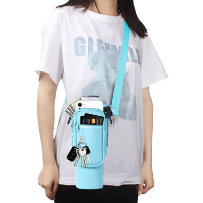 Water Bottle Carrier Bag for 40OZ Tumbler Water Bottle Holder Pouch with Phone Pocket Blue