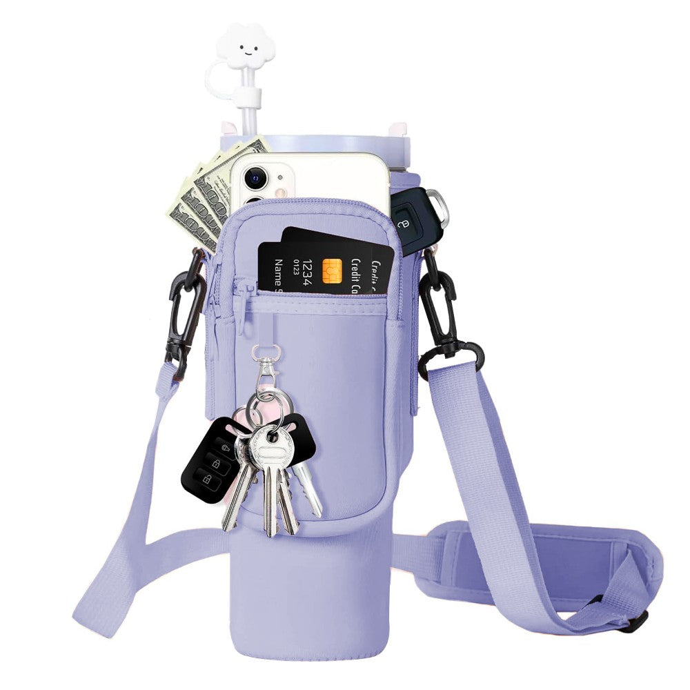 Water Bottle Carrier Bag for 40OZ Tumbler Water Bottle Holder Pouch with Phone Pocket Purple