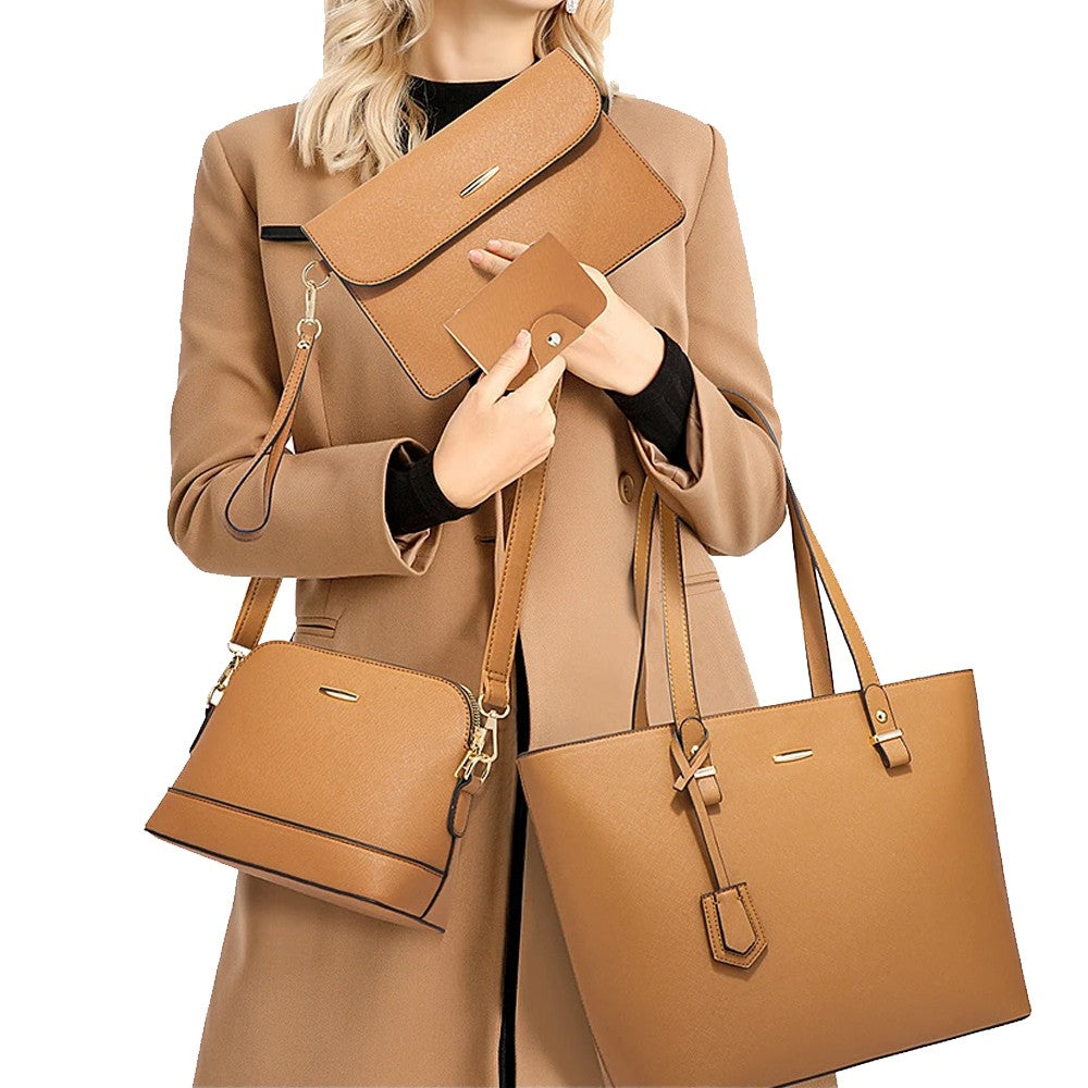 4-Piece Womens Purses and Handbags Set Tote Bag Shoulder Bag Card Holder Brown
