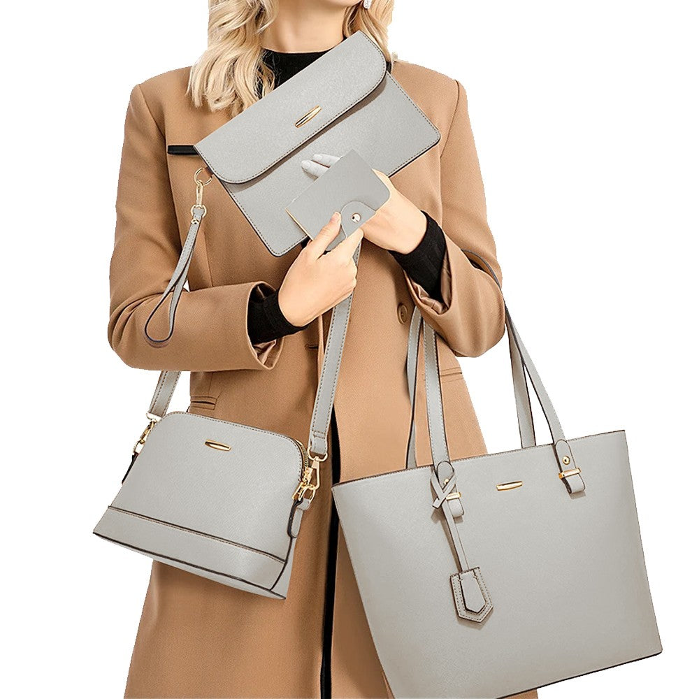4-Piece Womens Purses and Handbags Set Tote Bag Shoulder Bag Card Holder Grey