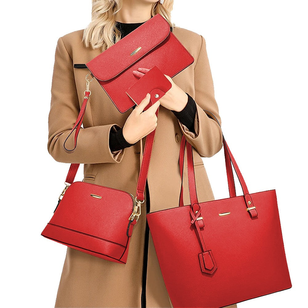 4-Piece Womens Purses and Handbags Set Tote Bag Shoulder Bag Card Holder Red