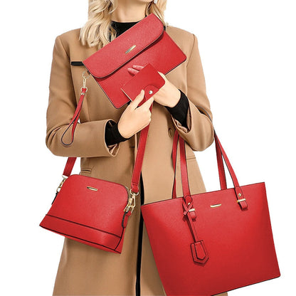 4-Piece Womens Purses and Handbags Set Tote Bag Shoulder Bag Card Holder Red