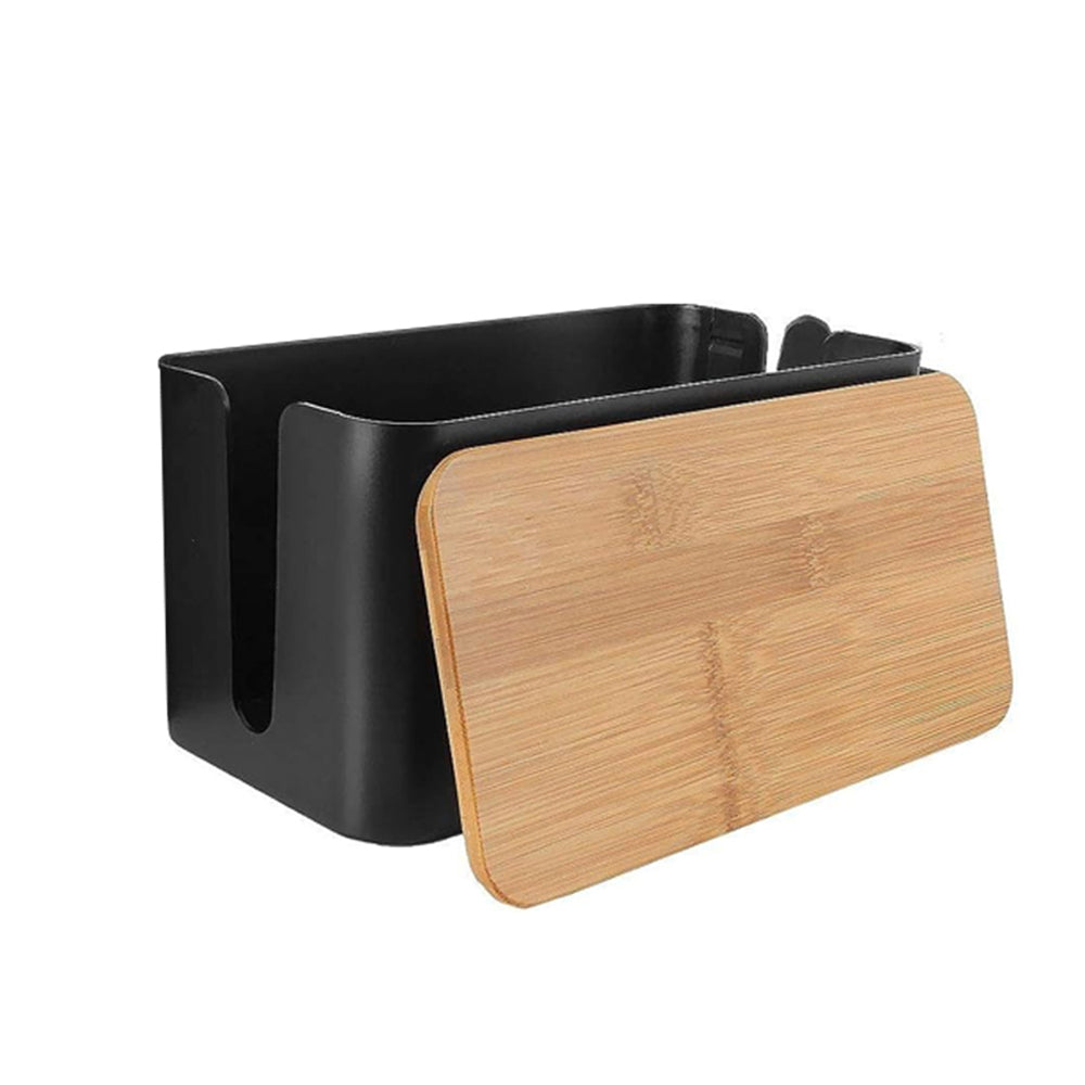 Home Office Cable Management Box Socket Safety Storage Organizer with Bamboo Lid Black