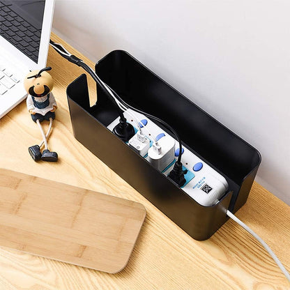 Home Office Cable Management Box Socket Safety Storage Organizer with Bamboo Lid Black