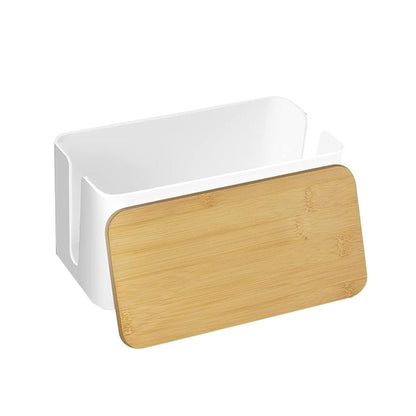Home Office Cable Management Box Socket Safety Storage Organizer with Bamboo Lid White