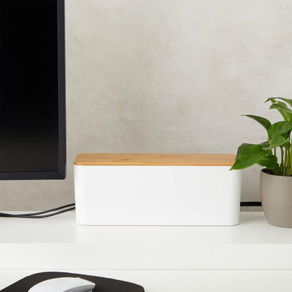 Home Office Cable Management Box Socket Safety Storage Organizer with Bamboo Lid White