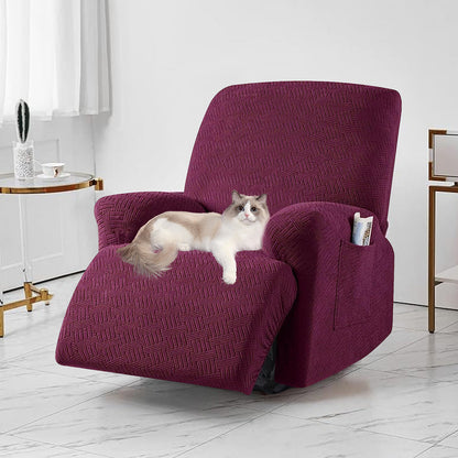 Full Wrapped Elastic Recliner Chair Protector Cover Stretch Jacquard Recliner Slipcover Wine Red