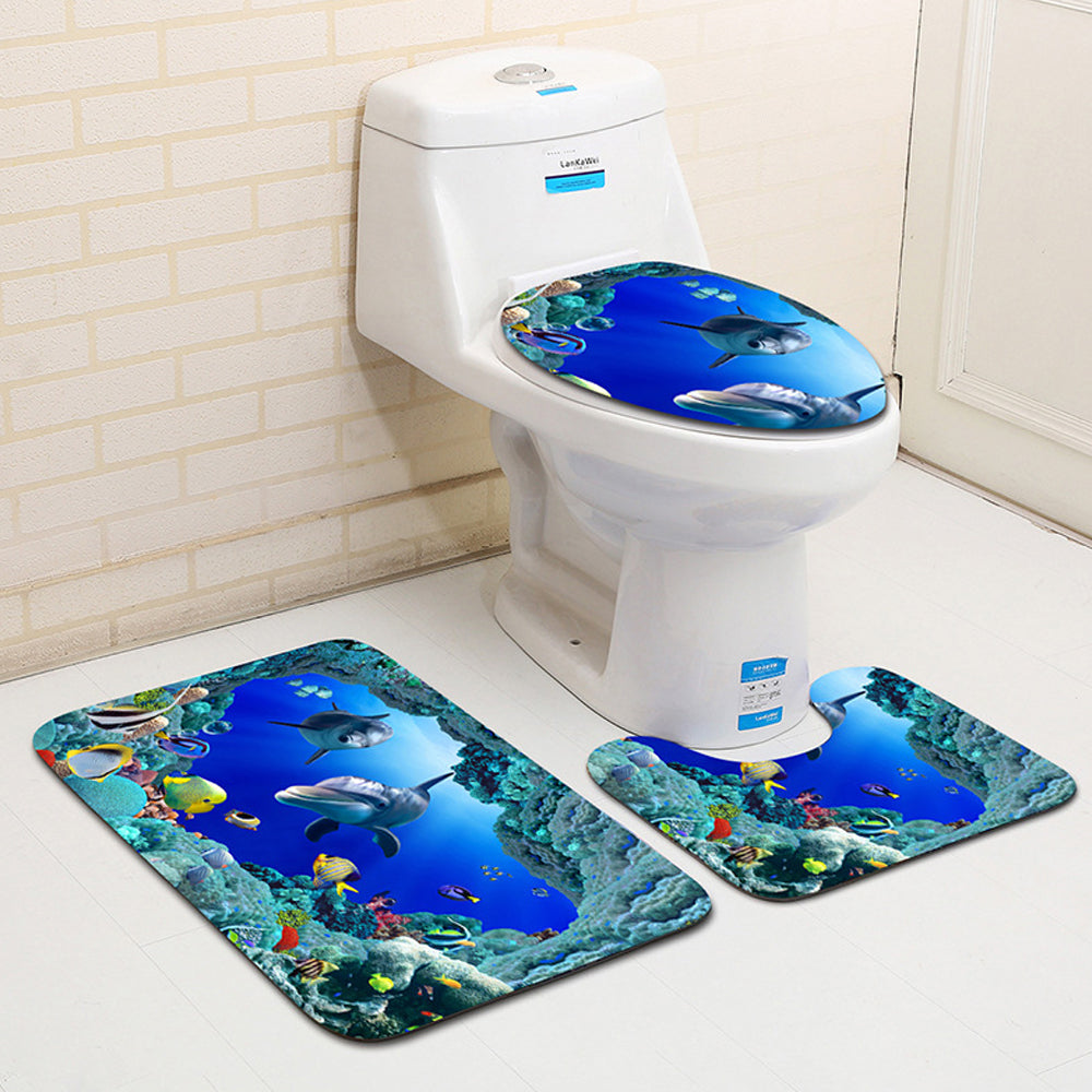 3Pcs Non-Slip Bath Mat Bathroom Contour Toilet Seat Lid Cover Set Style 1
