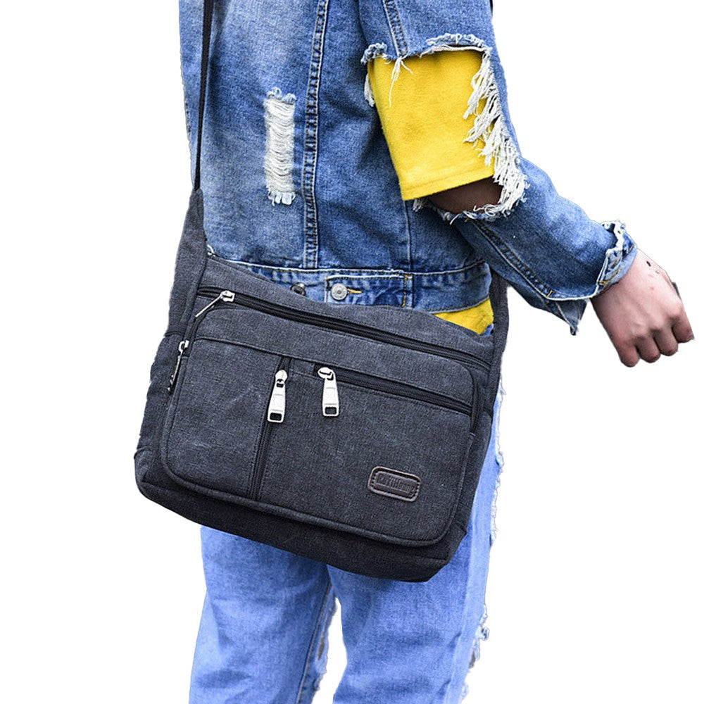 Men's Canvas Shoulder Messenger Bag Casual Crossbody Bag Black