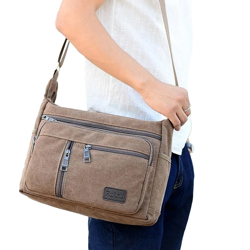 Men's Canvas Shoulder Messenger Bag Casual Crossbody Bag Coffee