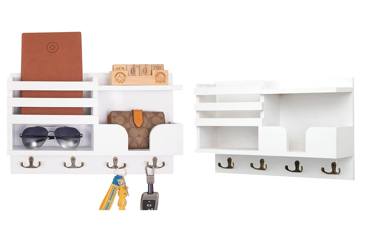 Key and Mail Holder for Wall with Shelf and 4 Hooks Mail Sorter Organizer-White