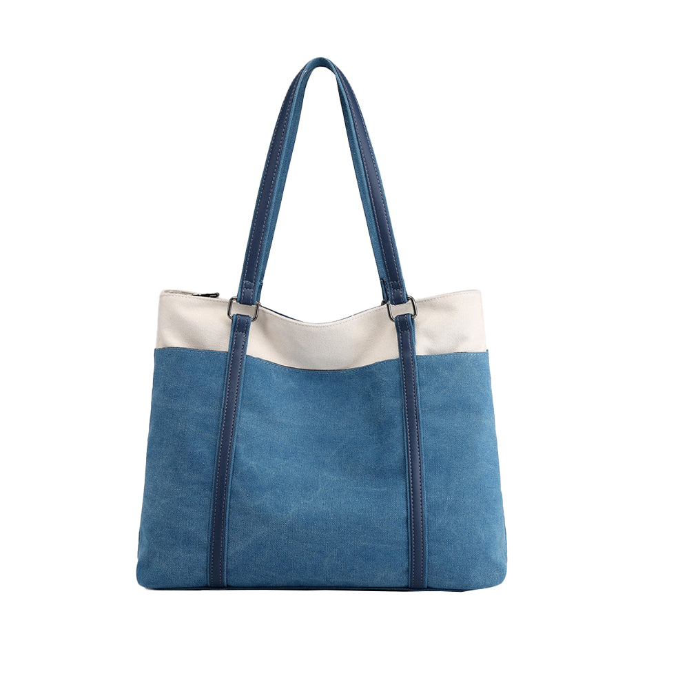 2Pcs Women Laptop Tote Bag Canvas Handbag 15.6 Inch Work Shoulder Bag-Blue+Brown