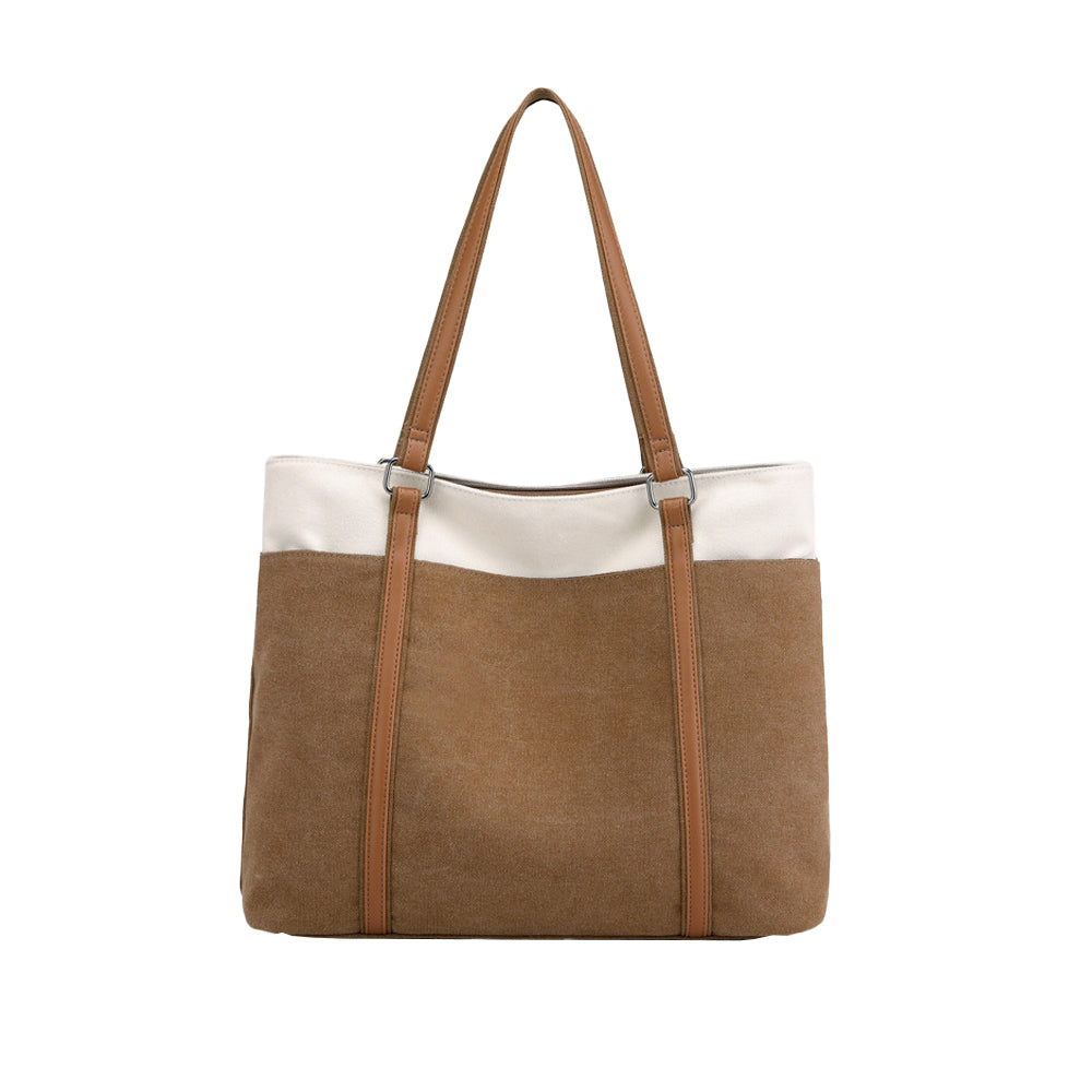2Pcs Women Laptop Tote Bag Canvas Handbag 15.6 Inch Work Shoulder Bag-Blue+Brown