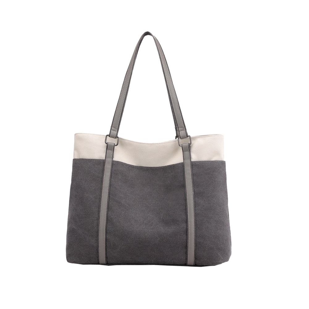 2Pcs Women Laptop Tote Bag Canvas Handbag 15.6 Inch Work Shoulder Bag-Black+Grey