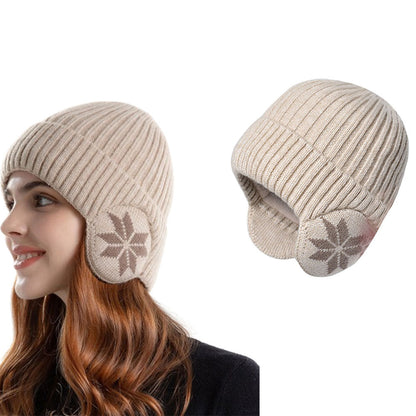 Unisex Winter Knit Earflap Beanie Hat Warm Ear Flap Hat with Knit Brimmed Ski Cap Beige