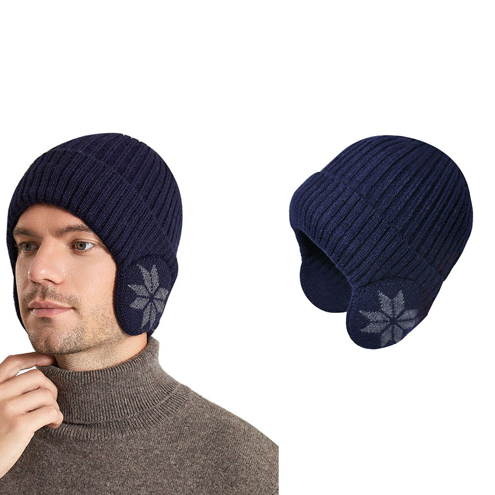 Unisex Winter Knit Earflap Beanie Hat Warm Ear Flap Hat with Knit Brimmed Ski Cap Blue