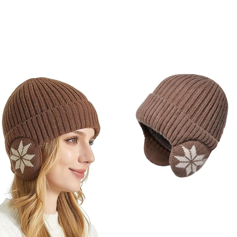 Unisex Winter Knit Earflap Beanie Hat Warm Ear Flap Hat with Knit Brimmed Ski Cap Coffee