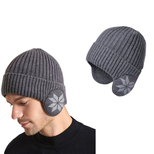 Unisex Winter Knit Earflap Beanie Hat Warm Ear Flap Hat with Knit Brimmed Ski Cap Gray