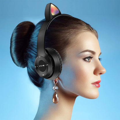 Bluetooth 5.0 Wireless Cat Shape Headphones with RGB Light Foldable Headset Black