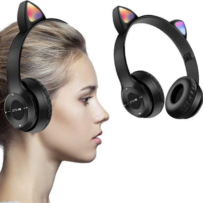 Bluetooth 5.0 Wireless Cat Shape Headphones with RGB Light Foldable Headset Black