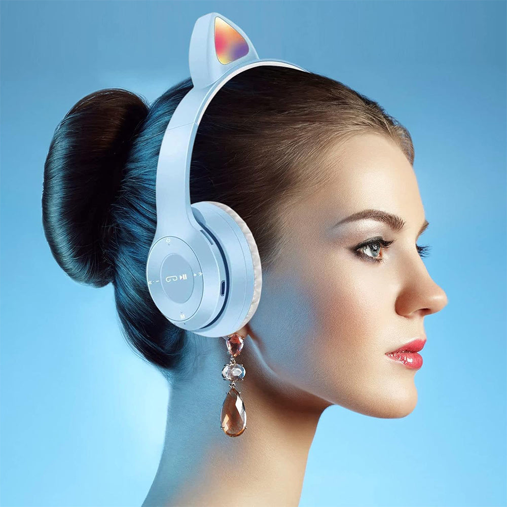 Bluetooth 5.0 Wireless Cat Shape Headphones with RGB Light Foldable Headset Light Blue