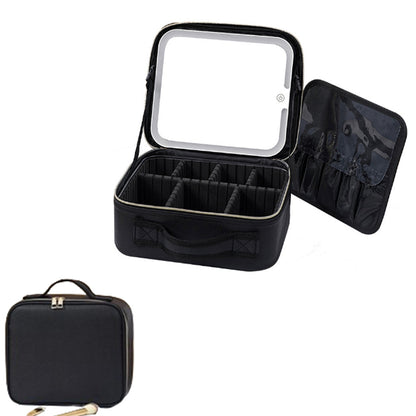 Travel Makeup Bag with Lighted Mirror Cosmetic Train Case with Adjustable Dividers Black