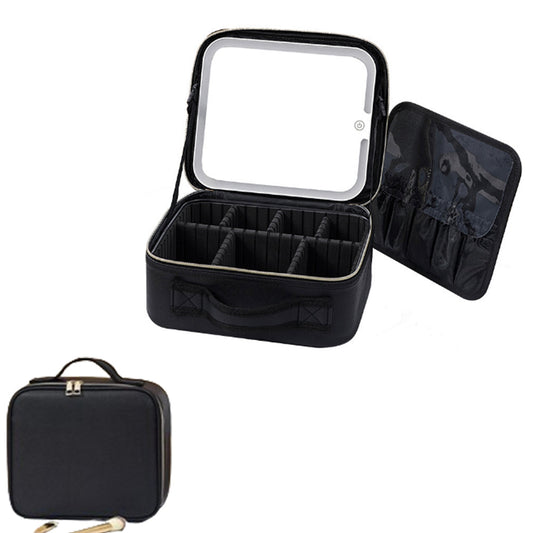 Travel Makeup Bag with Lighted Mirror Cosmetic Train Case with Adjustable Dividers Black