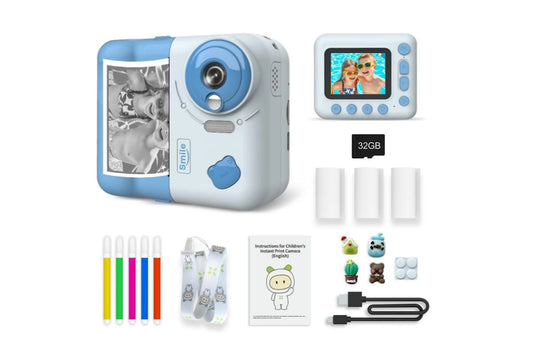 1080P Instant Print Camera 2.4 Inch IPS Screen with Thermal Printing Paper 32GB TF Card Digital Children Toy Camera-Blue