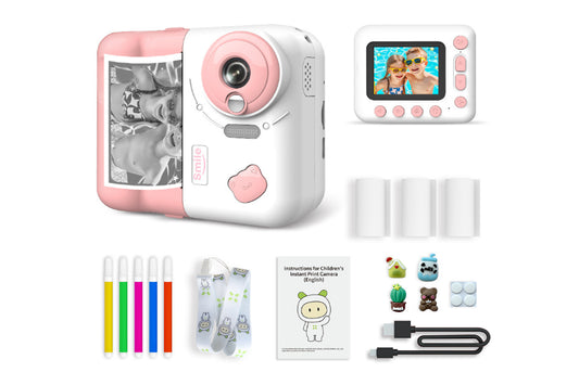 1080P Instant Print Camera 2.4 Inch IPS Screen with Thermal Printing Paper 32GB TF Card Digital Children Toy Camera-Pink