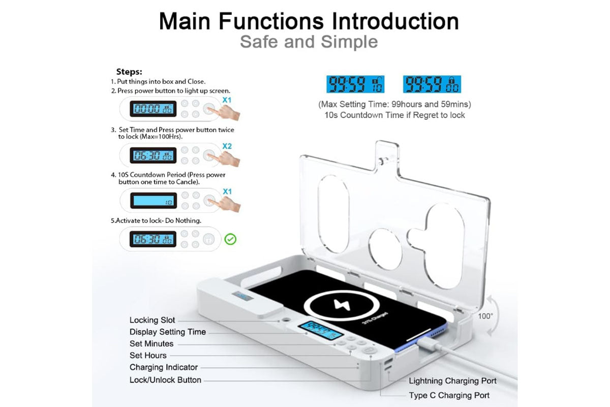 Portable Smart Auto Phone Timer Lock Box for iPhone and Android Phones Self-Control Timer Locker