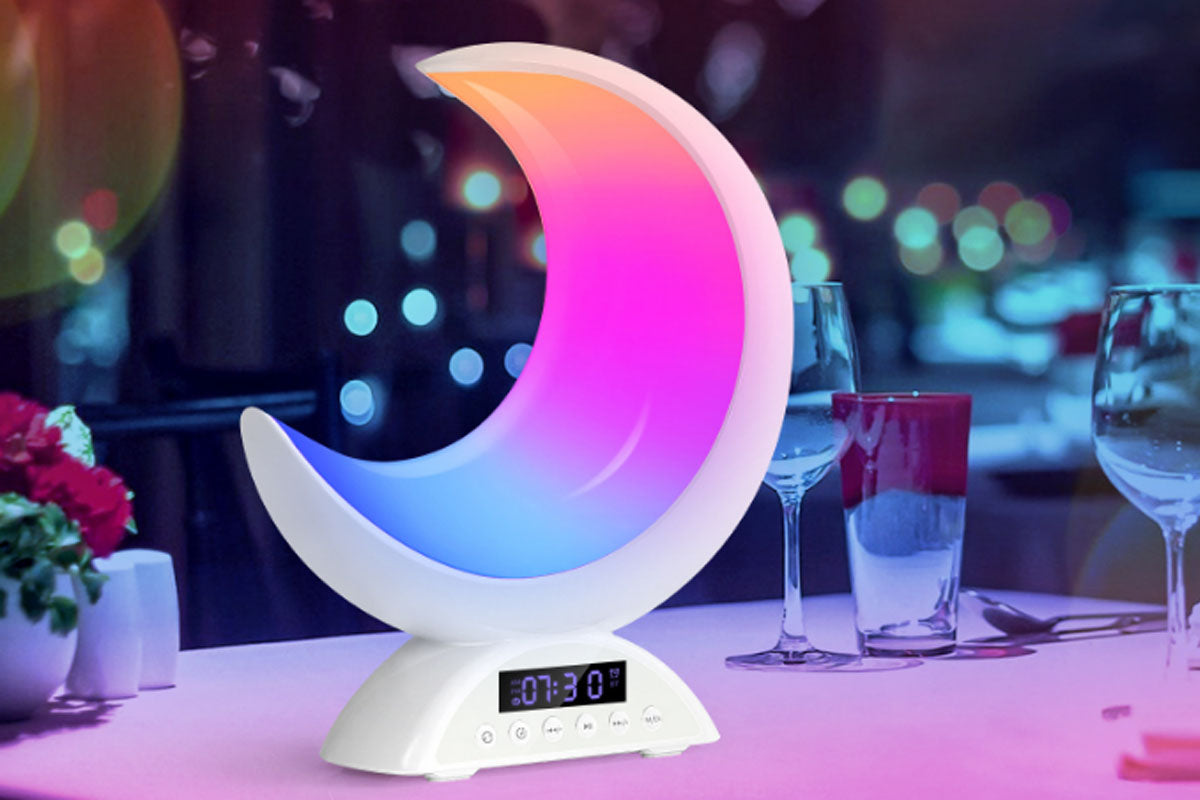 Touch Bedside Table Lamp with Time Alarm Clock RGB Adjustable LED Moon Light with Bluetooth Music Mode