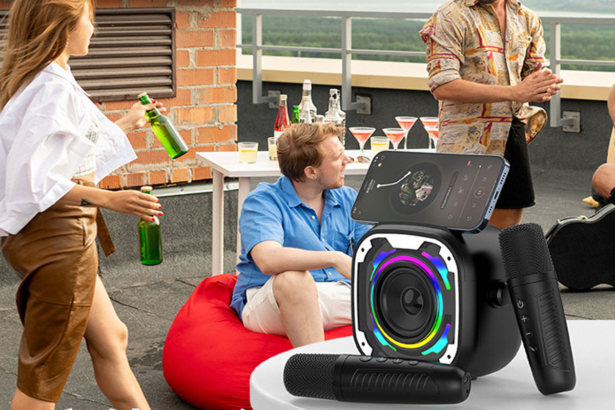 Portable Bluetooth Mini Karaoke Machine Wireless Microphone Adjustable with Colorful Lights-Black