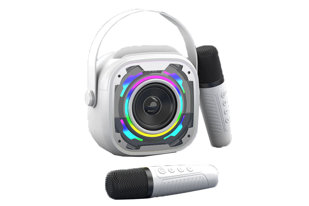 Portable Bluetooth Mini Karaoke Machine Wireless Microphone Adjustable with Colorful Lights-White